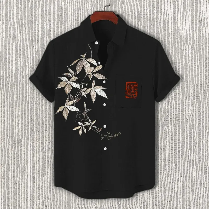 Men's Embroidered Leaves Art Print Short Sleeve Shirt - Black