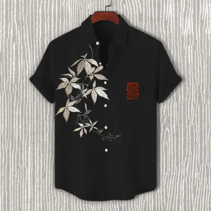 Men's Embroidered Leaves Art Print Short Sleeve Shirt - Black
