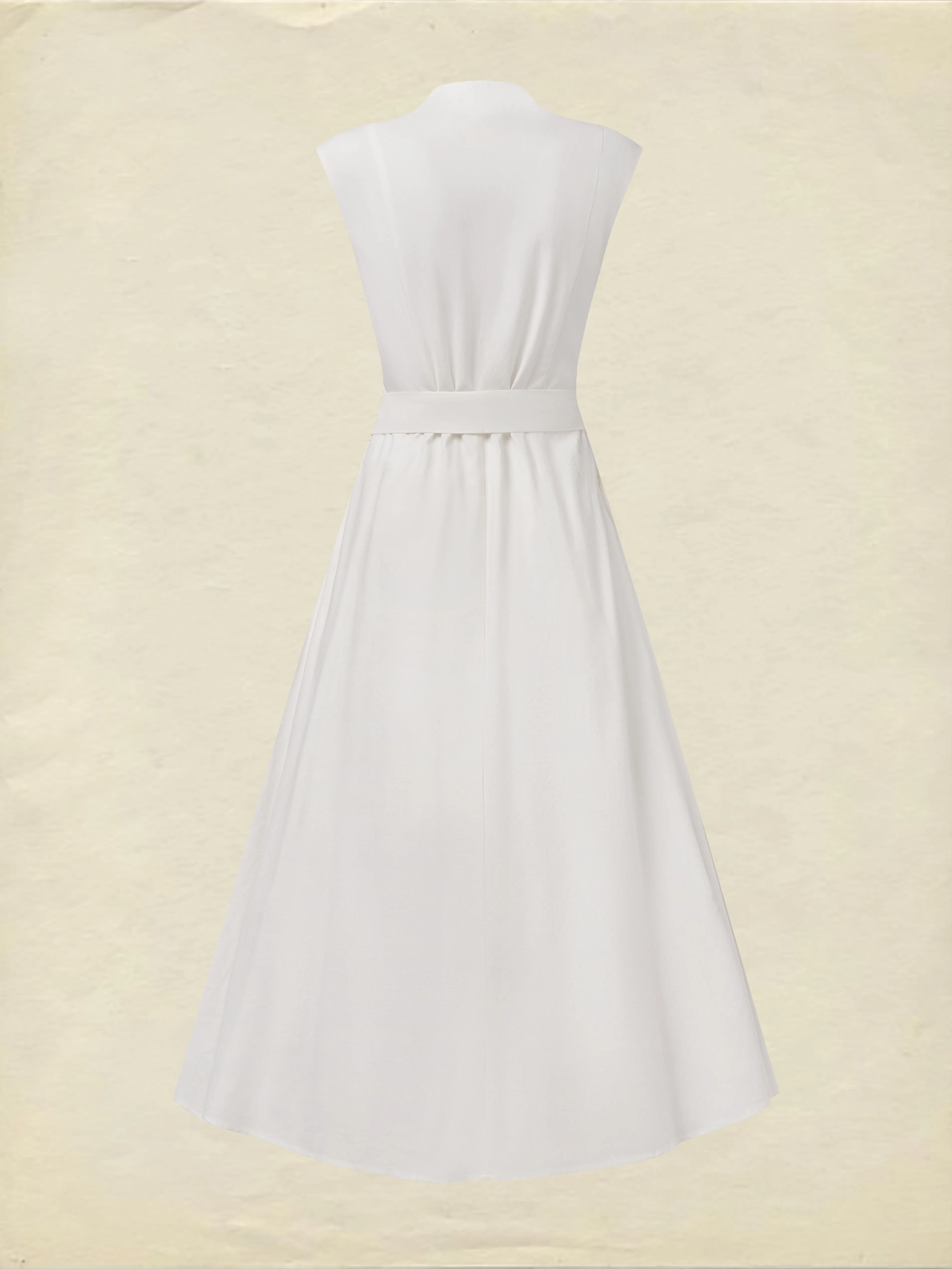 Midi Linen Dress , Sleeveless, V Neck, Plain, Belt Design, Vintage, White - White