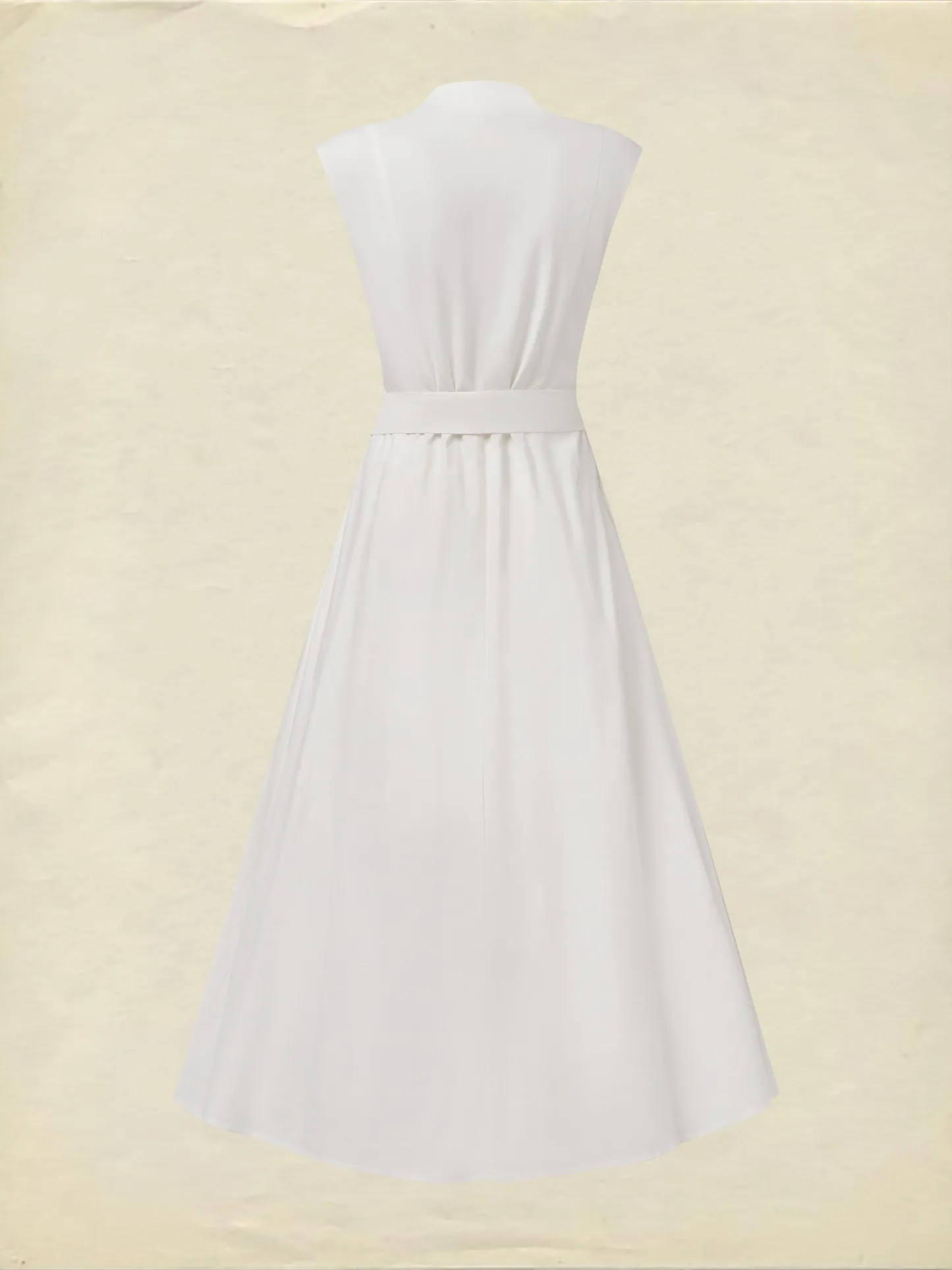 Midi Linen Dress , Sleeveless, V Neck, Plain, Belt Design, Vintage, White - White