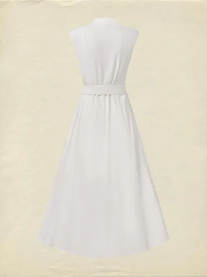 Midi Linen Dress , Sleeveless, V Neck, Plain, Belt Design, Vintage, White - White