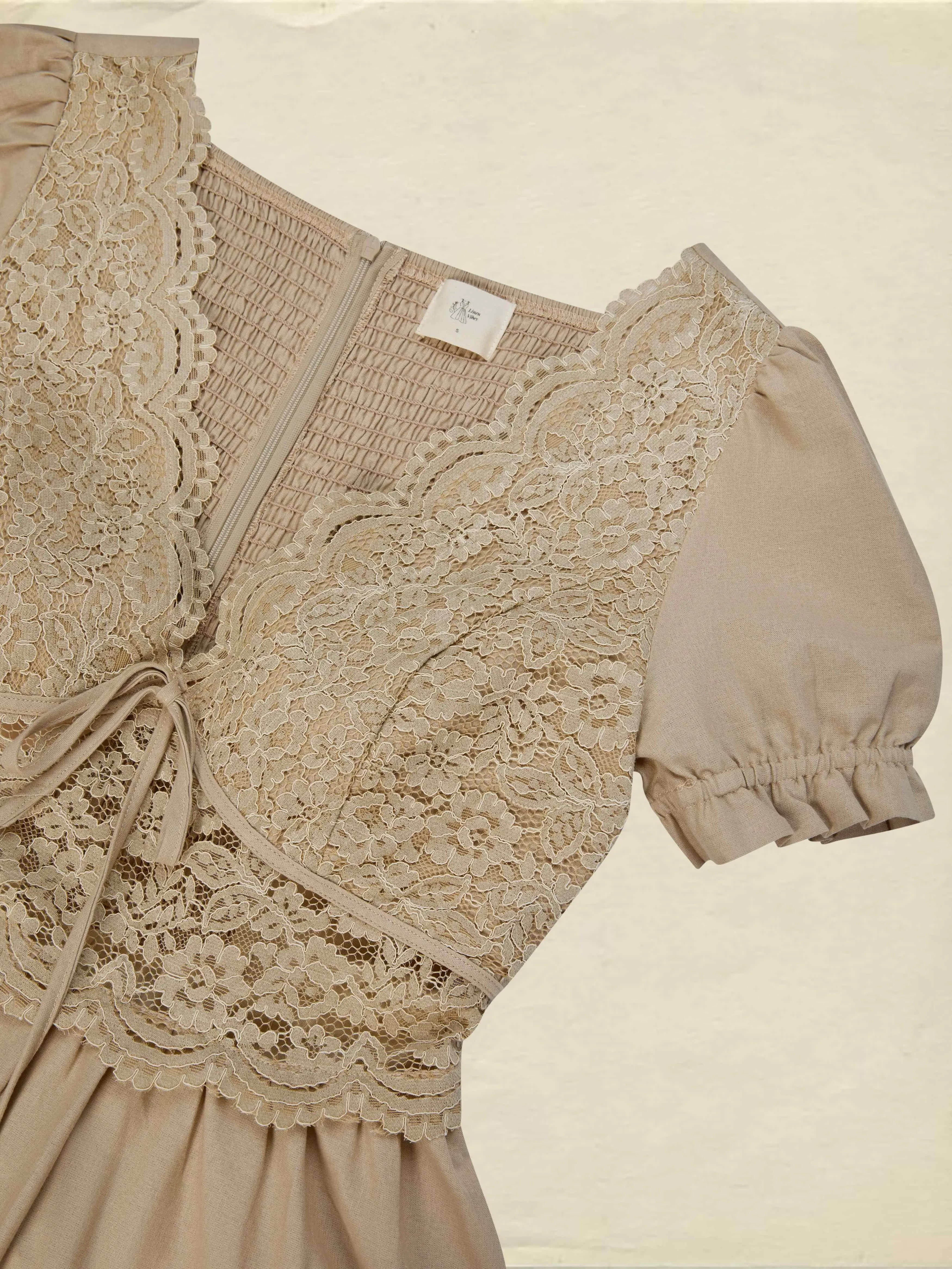 Maxi Cotton Dress, Short Sleeves, V Neck, Plain, Lace, French Vintage, Brown - Brown