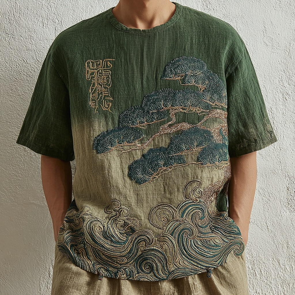Japanese Pine And Ocean Wave Embroidered Crew Neck T-shirt - Green