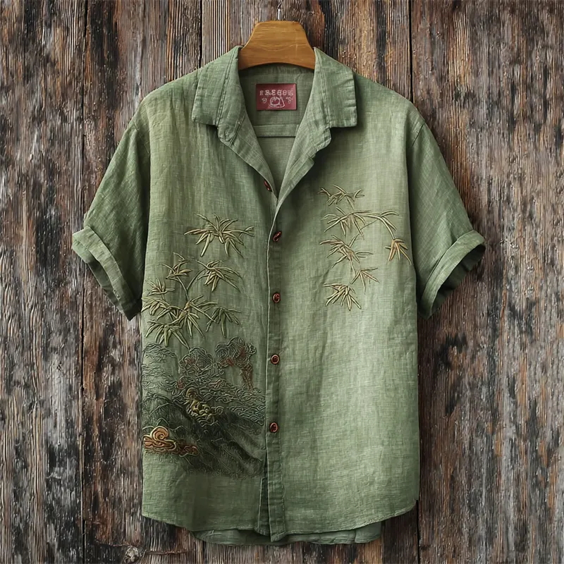 Japanese Bamboo Landscape Embroidered Linen Shirt - Green