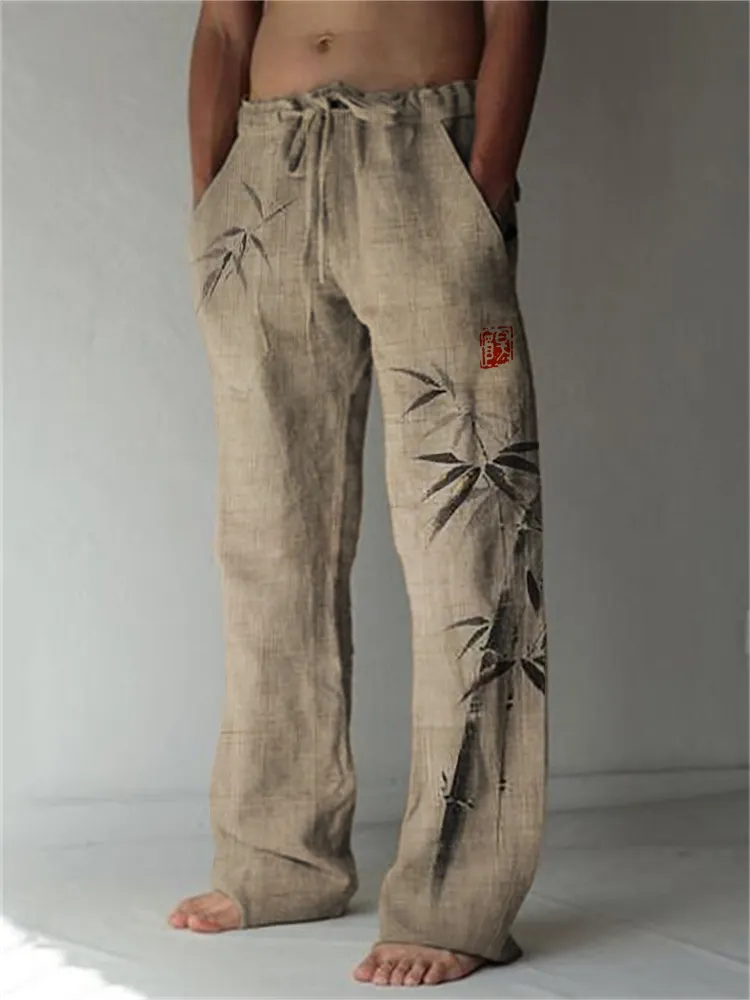 Simple Bamboo Japanese Art Linen Blend Casual Pants - Blue