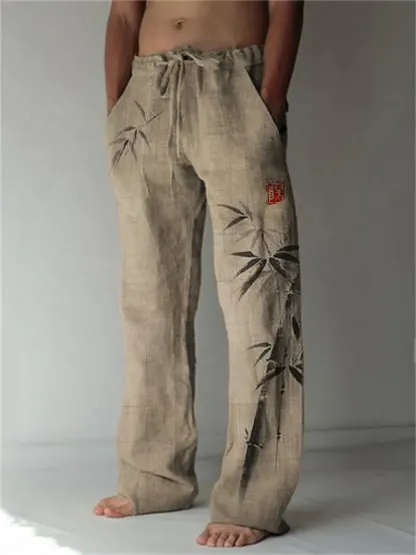 Simple Bamboo Japanese Art Linen Blend Casual Pants - Blue