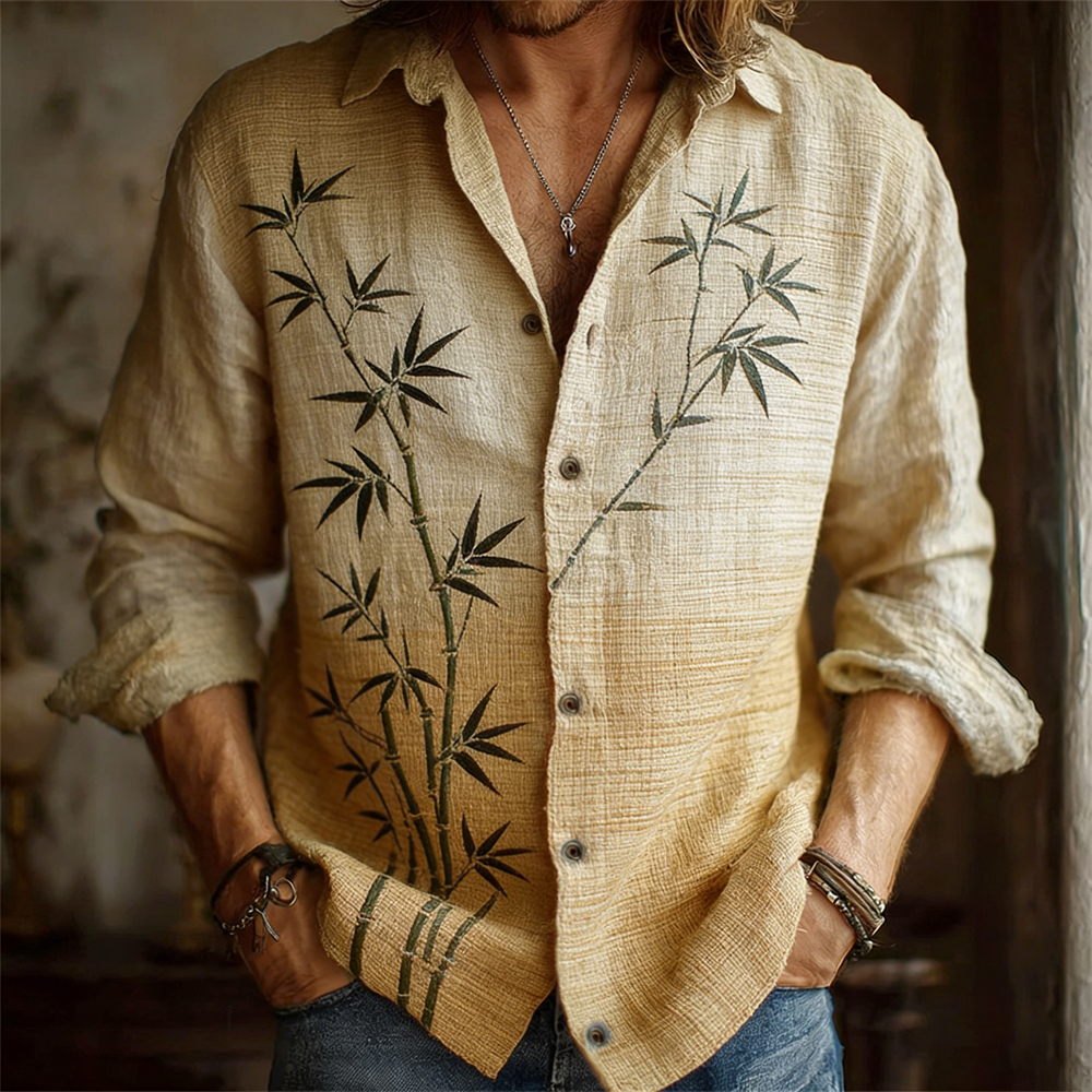 Japanese Bamboo Gradient Pattern Men's Linen Long Sleeve Shirt - Beige