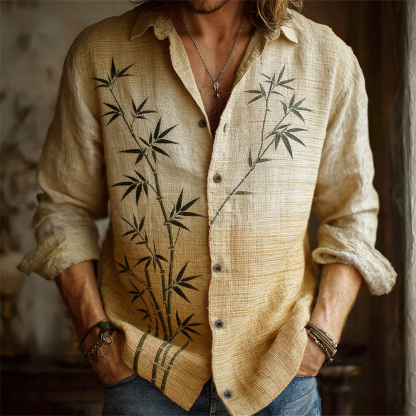 Japanese Bamboo Gradient Pattern Men's Linen Long Sleeve Shirt - Beige