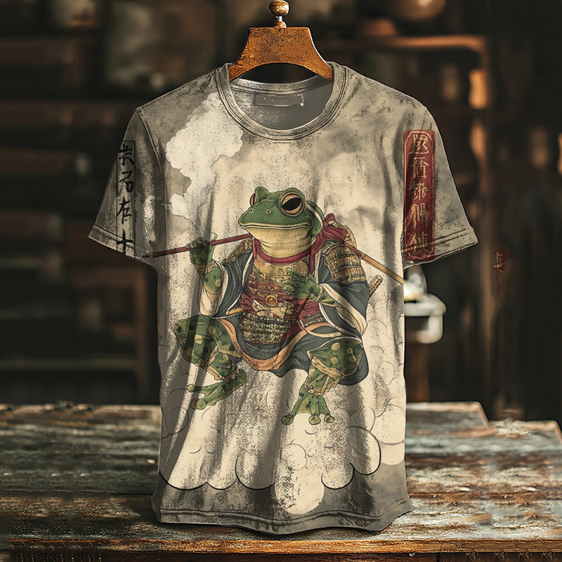 Men's Japanese Frog Warrior Retro Print Casual T-shirt - Grey