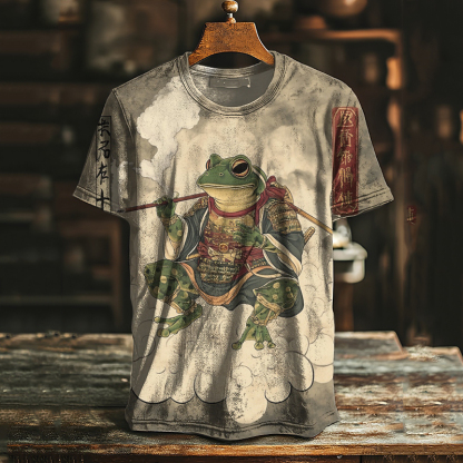 Men's Japanese Frog Warrior Retro Print Casual T-shirt - Grey
