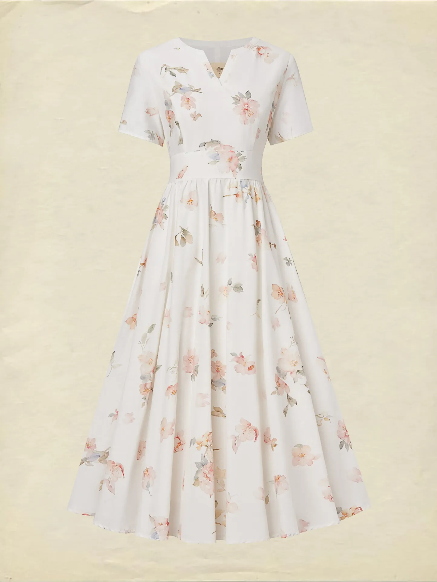 Midi Linen Dress, Short Sleeves, V Neck, Floral, Vintage, White - White