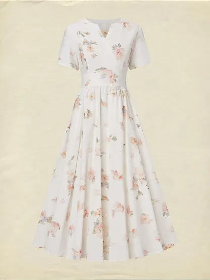 Midi Linen Dress, Short Sleeves, V Neck, Floral, Vintage, White - White