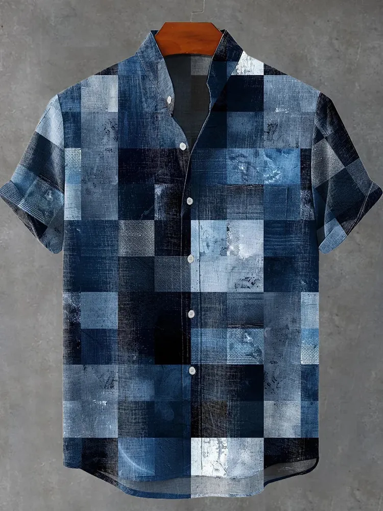 Vintage Geometric Print Casual Cotton Shirt - Blue