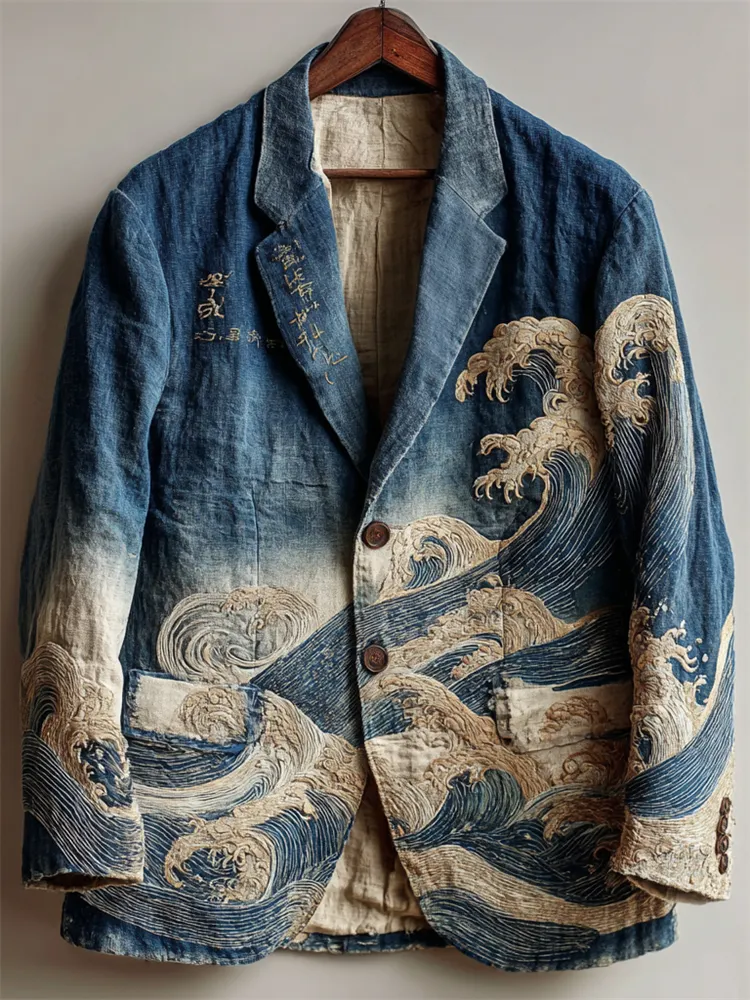 Men's Japanese Sea Waves Gradient Washed Casual Blazer - Blue