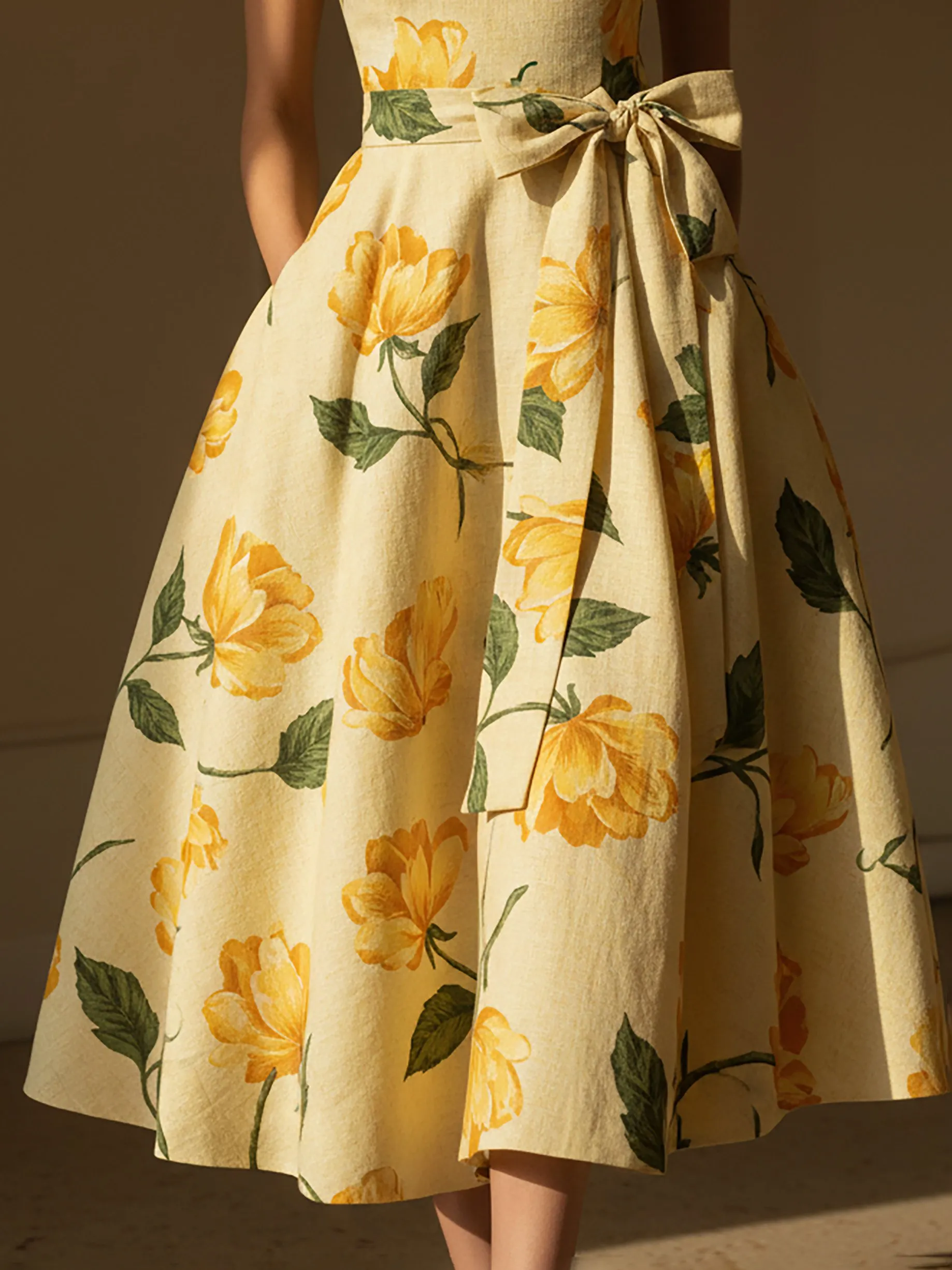 Midi Linen Dress, Cap Sleeves, Round Neck, Floral, Bow, Vintage, Yellow - Yellow