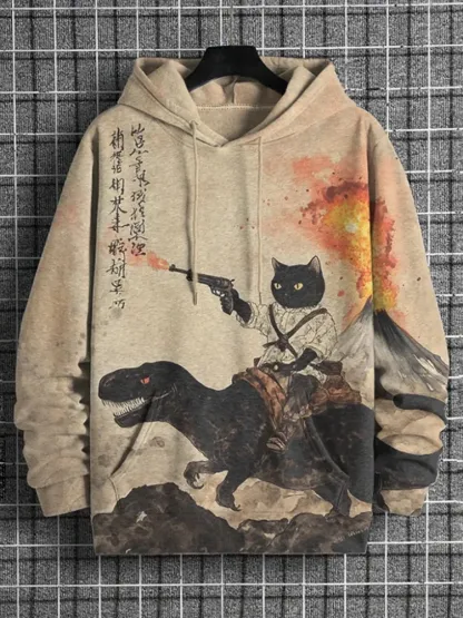 Men's Retro Calligraphy Cat Dinosaur Volcanic Eruption Art Print Hooded - Khaki