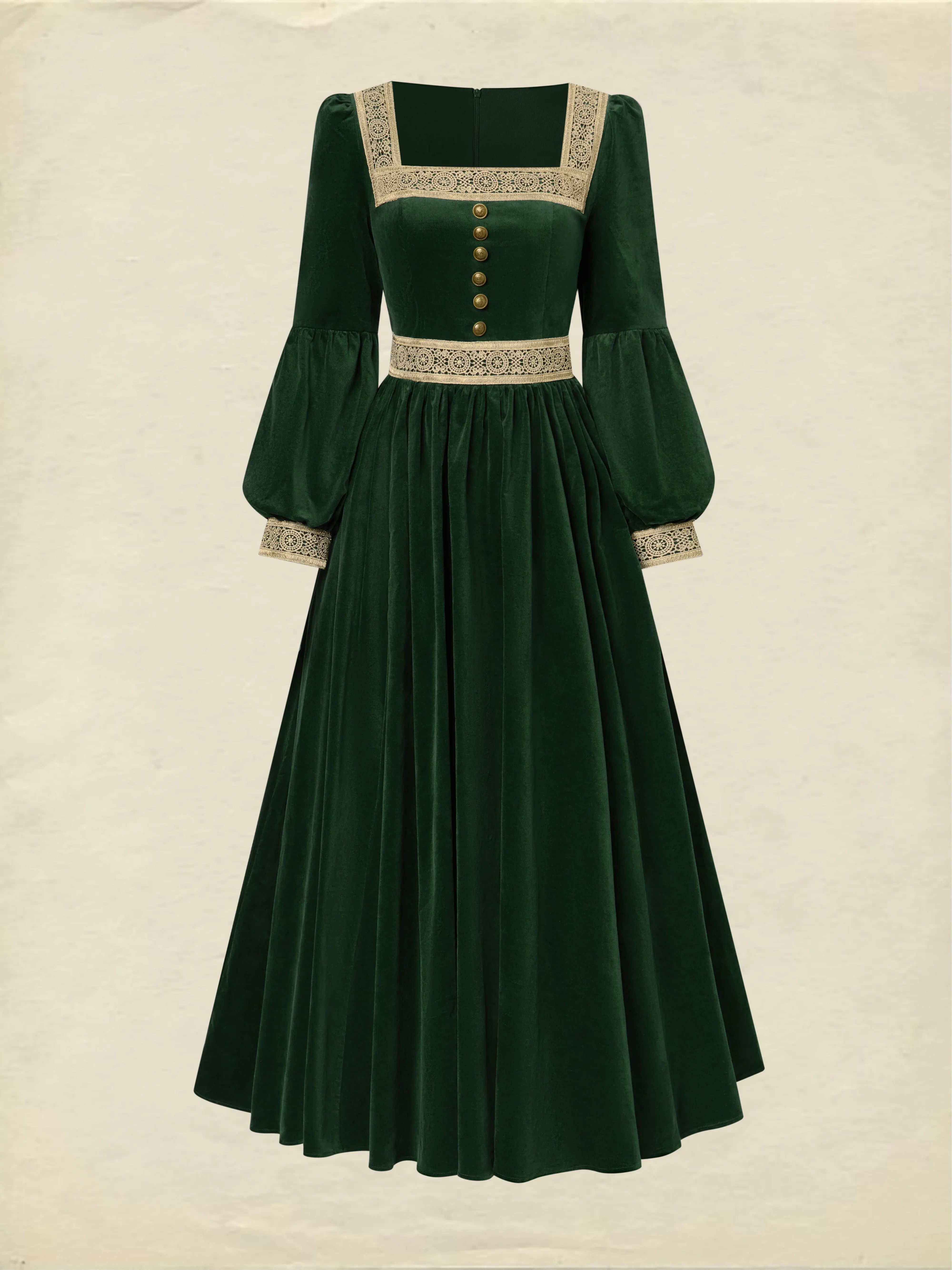 Maxi Cotton Dress, Long Sleeves, Square Neck, Plain, Lace, Vintage, Green - Green