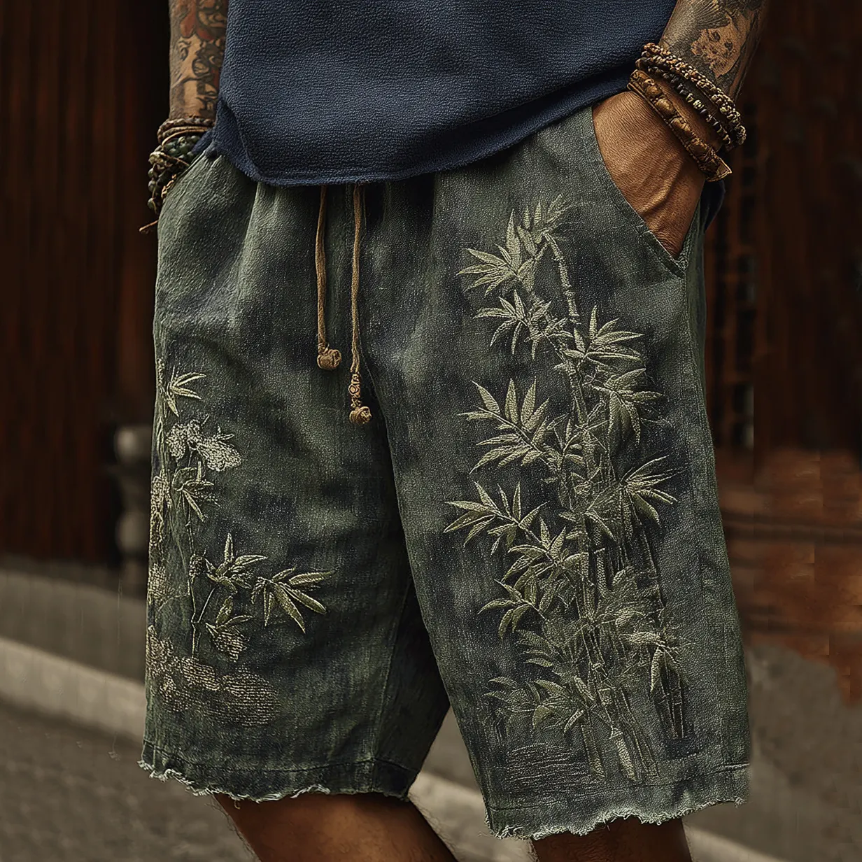 Vintage Japanese Bamboo Embroidery Art Linen Blend Casual Shorts - Dark gray