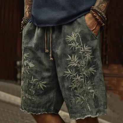 Vintage Japanese Bamboo Embroidery Art Linen Blend Casual Shorts - Dark gray