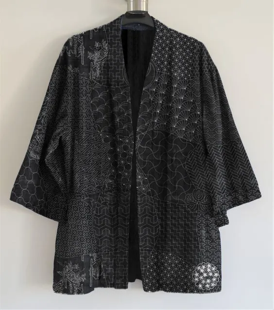 Japanese Traditional Sashiko Art Linen Blend Kimono Cardigan - Black