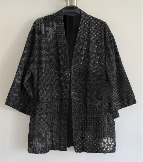 Japanese Traditional Sashiko Art Linen Blend Kimono Cardigan - Black