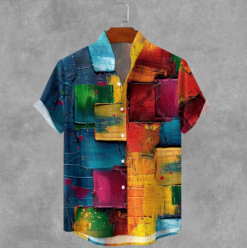 Men's Retro Colored Oil Painting Plaid Art Print Cotton And Linen Shirt - Multicolor