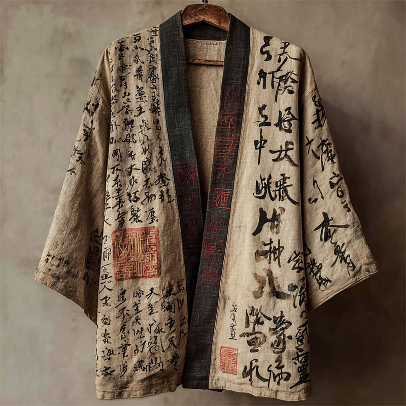 Japanese Calligraphy Art Vintage Linen Kimono - Beige