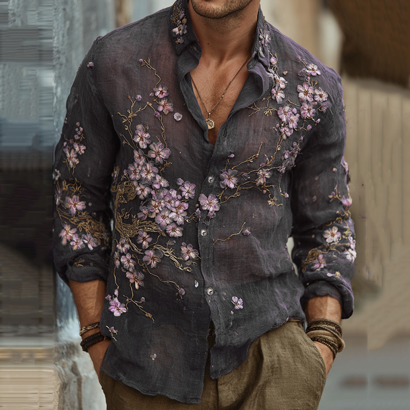 Men's Vintage Japanese Sakura Embroidered Art Lapel Long Sleeve Linen Shirt - Grey