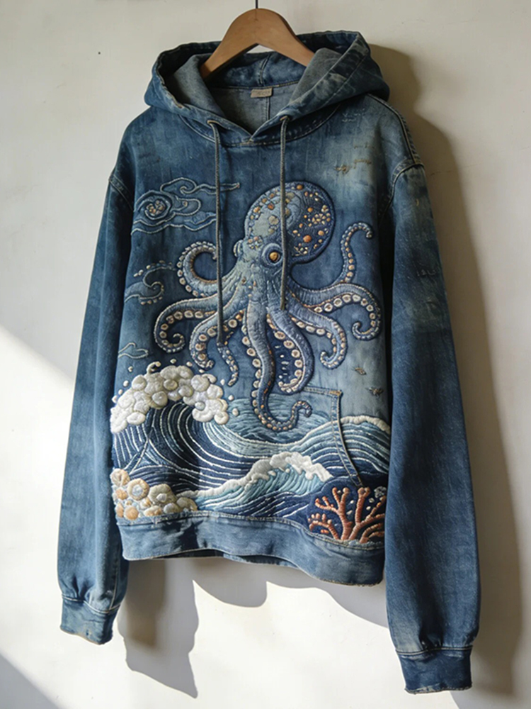 Men's Japanese-style Octopus With Wave Denim Print Casual Linen Shirt - Blue