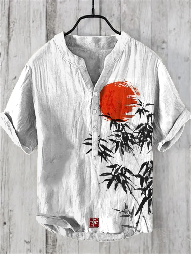 Japanese Bamboo Forest And Red Sun Art Linen Casual Shirt - Grey