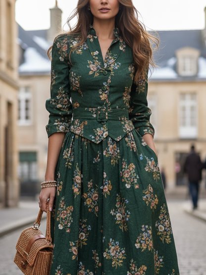 Maxi Linen Skirt, Floral, Pocket Design, Vintage, Green - Green