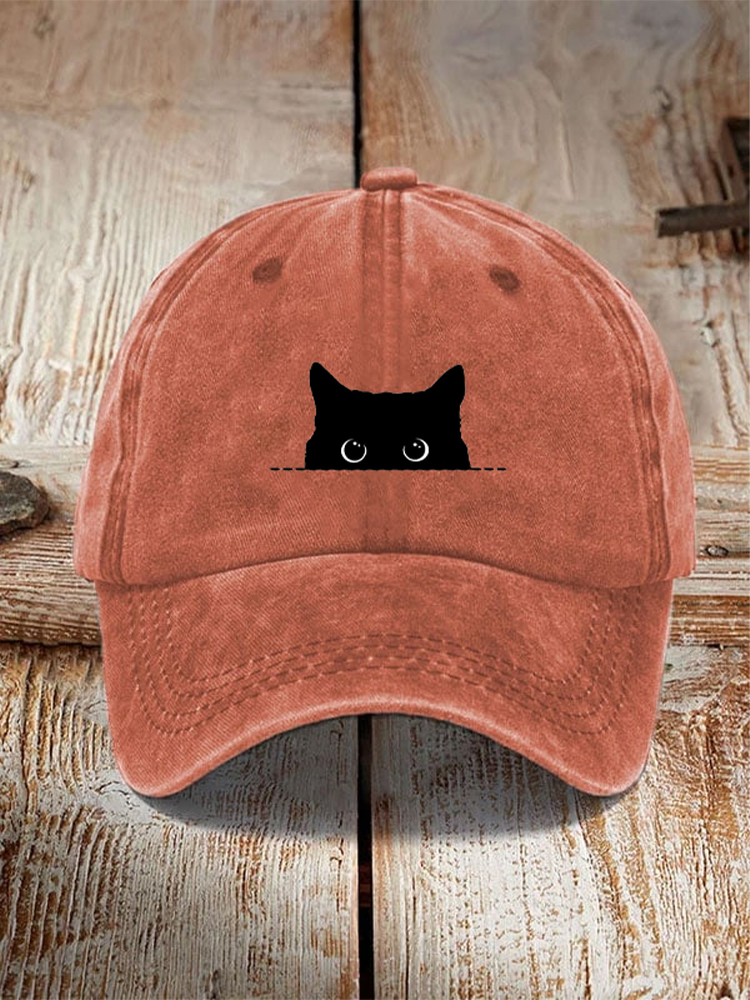 Japanese Art Black Cat Print Washed Hat - Orange