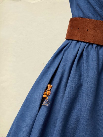 Midi Linen Dress, Half Sleeves, Shawl Collar, Plain, Button Design, Vintage, Dark_blue - Dark_blue