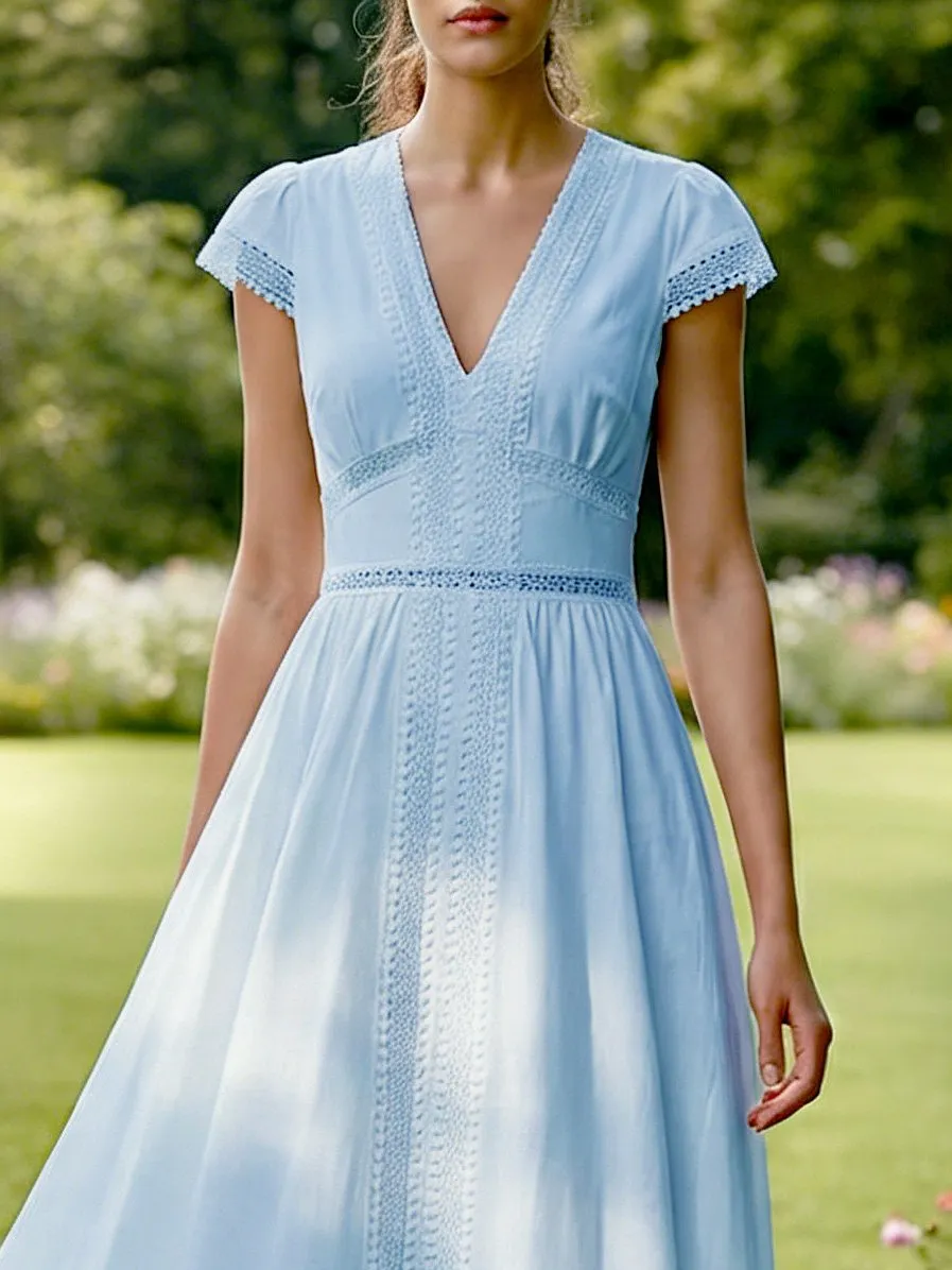 Maxi Cotton Dress, Short Sleeves, Plain, Lace, Vintage, White - Light Blue