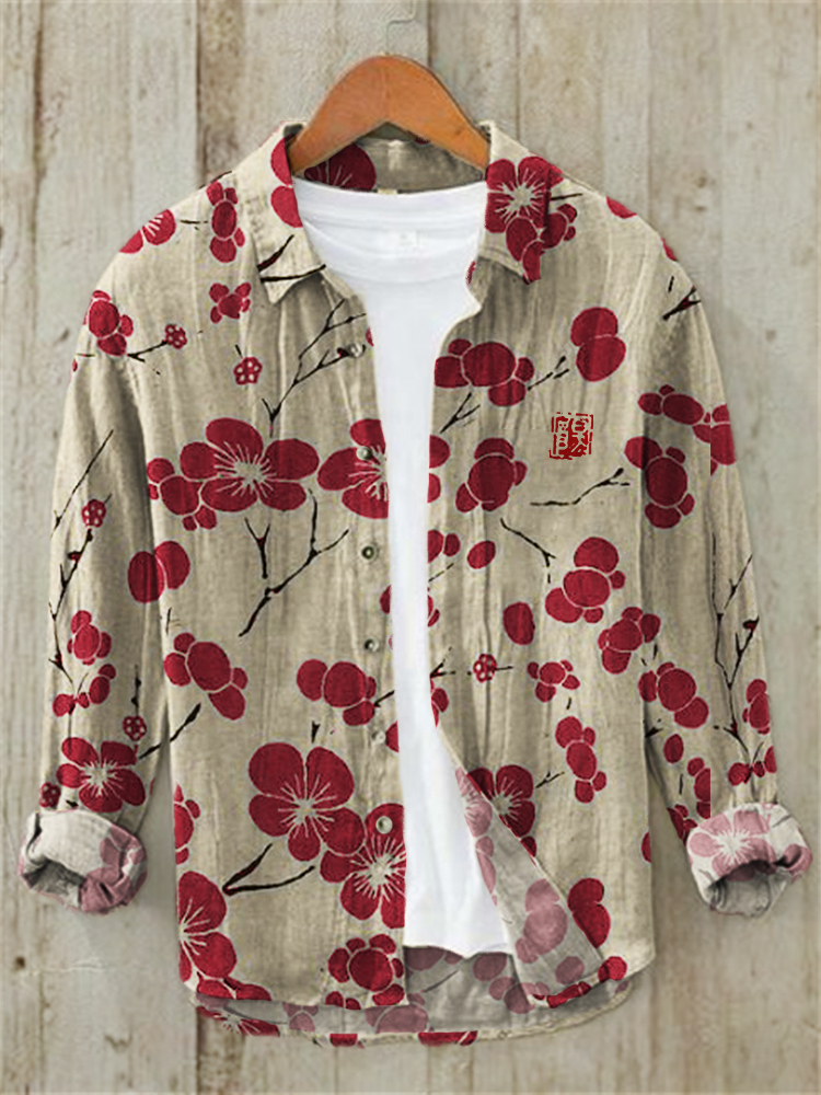 Cherry Blossom Japanese Lino Art Linen Blend Shirt - Black