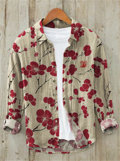 Cherry Blossom Japanese Lino Art Linen Blend Shirt - Black
