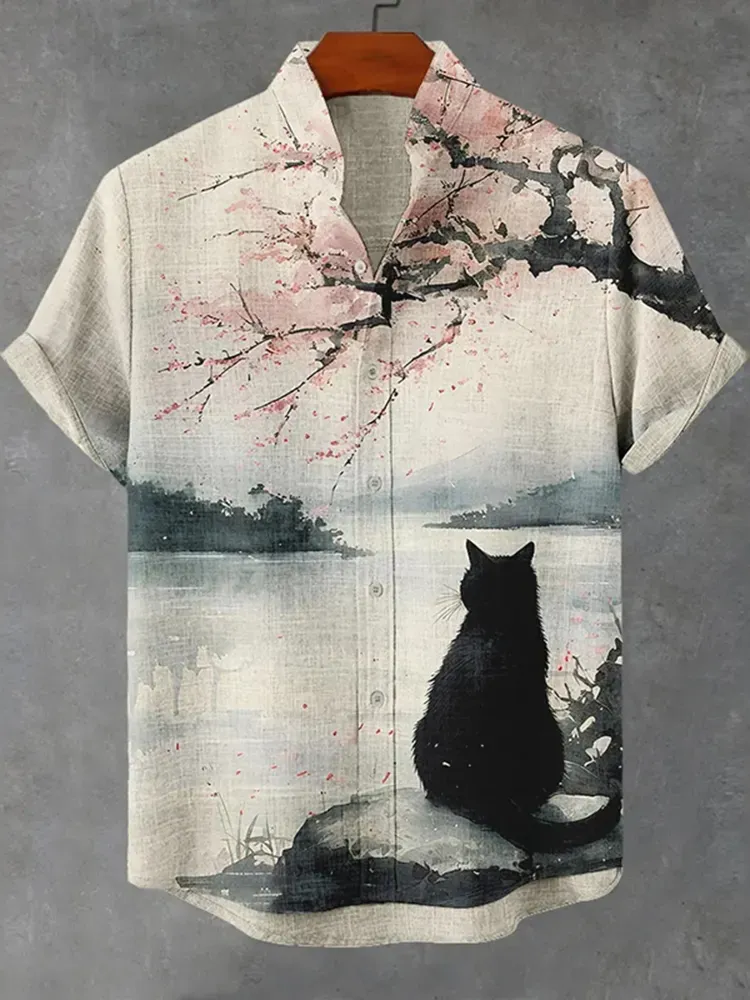 Men's Cherry Blossom Black Cat Japanese Style Print Short Sleeve Shirt - Beige
