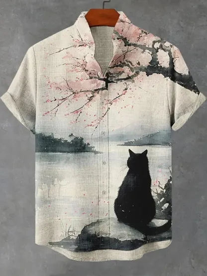 Men's Cherry Blossom Black Cat Japanese Style Print Short Sleeve Shirt - Beige