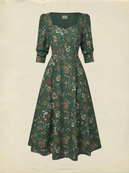 Midi Linen Dress, Long Sleeves, Square Neck, Paisley, Vintage, Green - Green