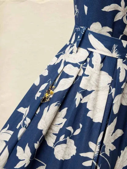 Midi Linen Dress , Cap Sleeves, V Neck, Floral, Button Design, Vintage, Dark Blue - Dark Blue