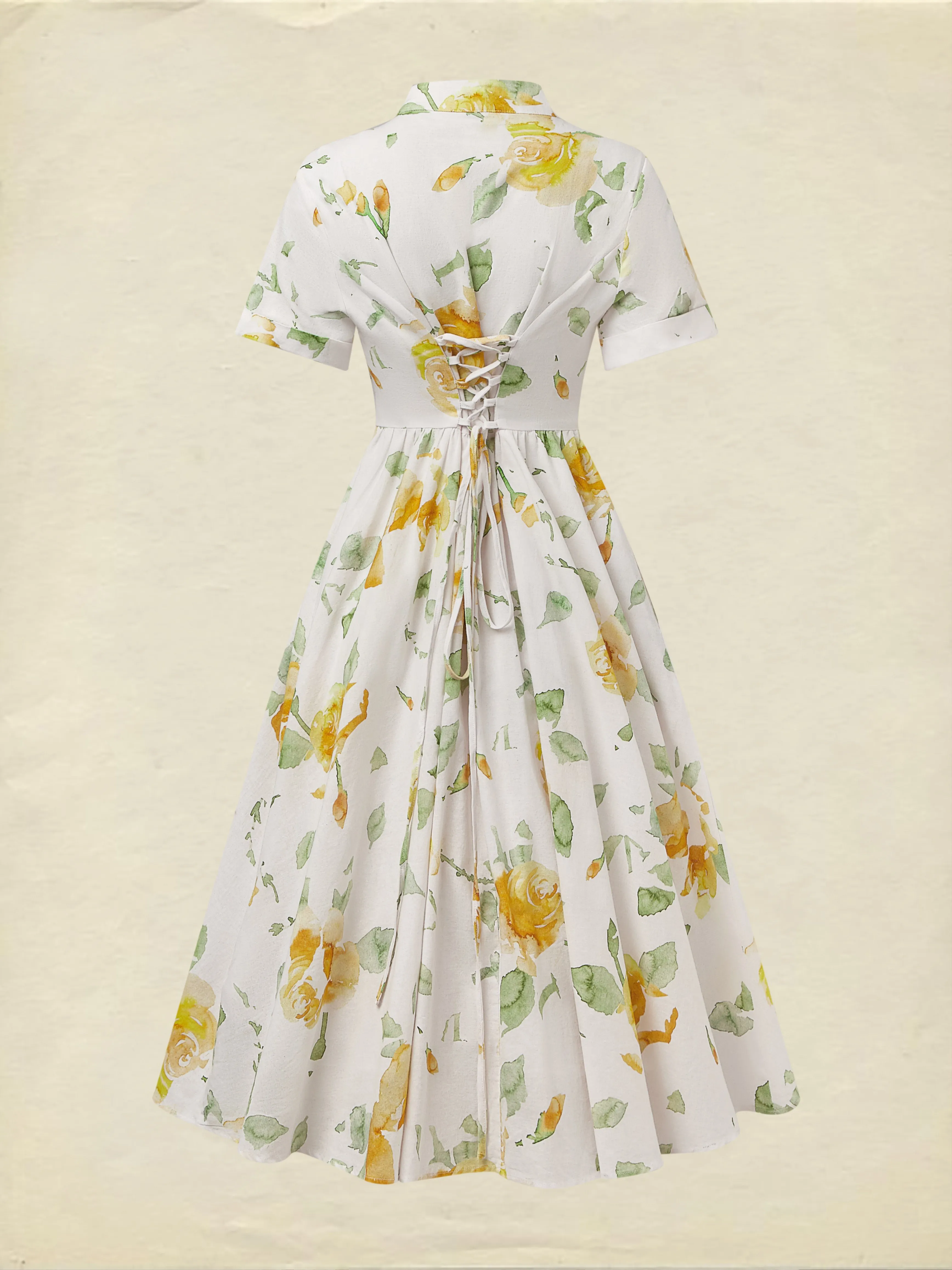 Linen Midi Dress, Short Sleeve, Floral, Vintage, White - White