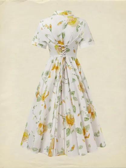 Linen Midi Dress, Short Sleeve, Floral, Vintage, White - White