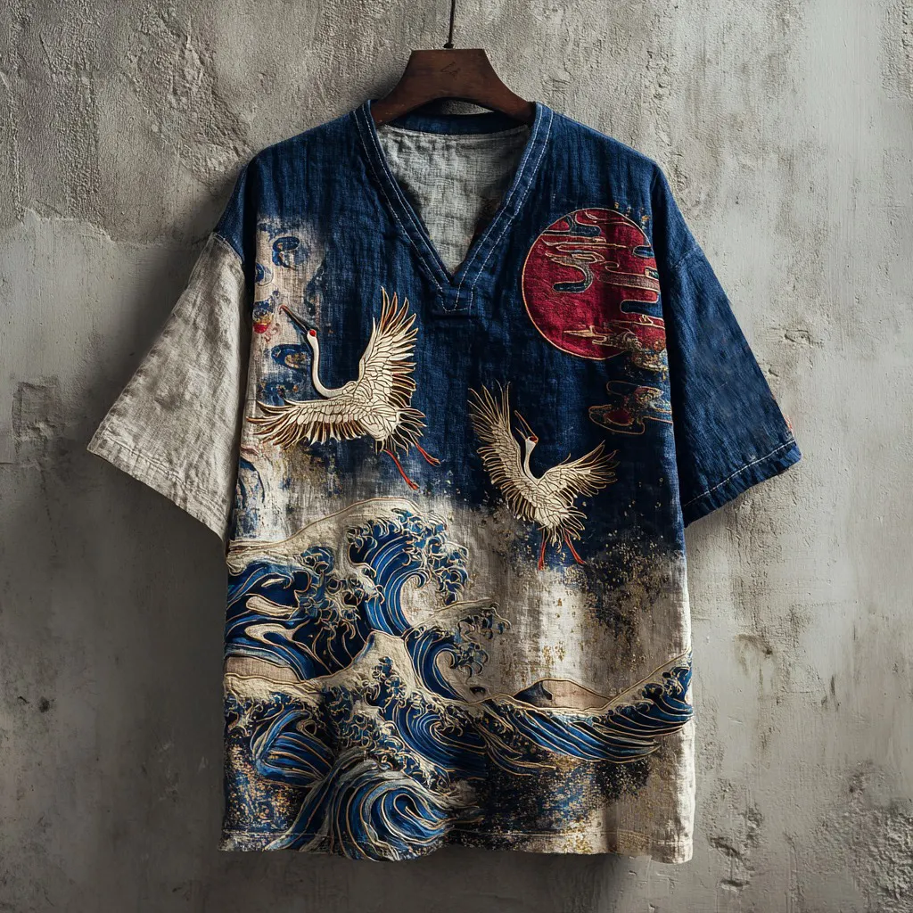Japanese Pine And Waves Embroidered V-neck Linen Shirt - Blue beige