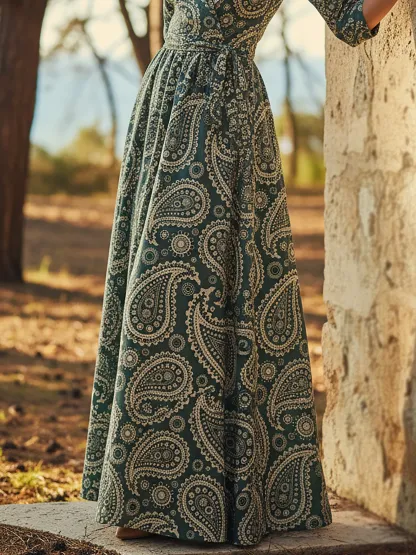 Maxi Linen Dress, Half Sleeve, V Neck, Paisley, Belt Design, Vintage, Cyan - Cyan