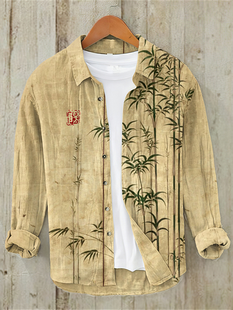 Bamboo Japanese Art Casual Linen Blend Shirt - Khaki