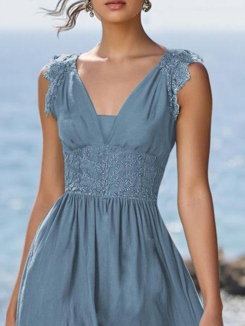 (SIZE:XS-XXL)Linen Maxi Dress, Sleeveless, V neck, Plain, Vintage, Blue - Blue