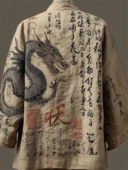 Japanese Gragon Calligraphy Art Embroidered Linen Kimono Cardigan - Khaki