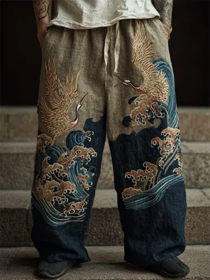 Men's Japanese Cranes Sea Waves Embroidered Linen Pants - Navy blue