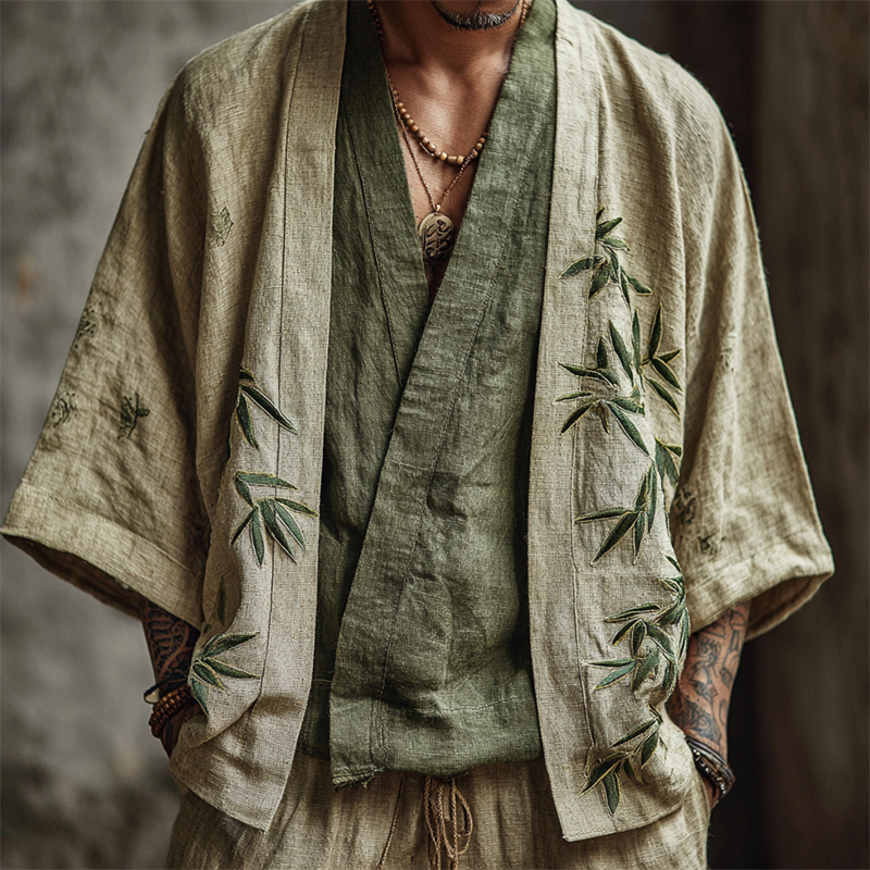 Men's Japanese Bamboo Embroidered Linen Kimono Cardigan - Green beige