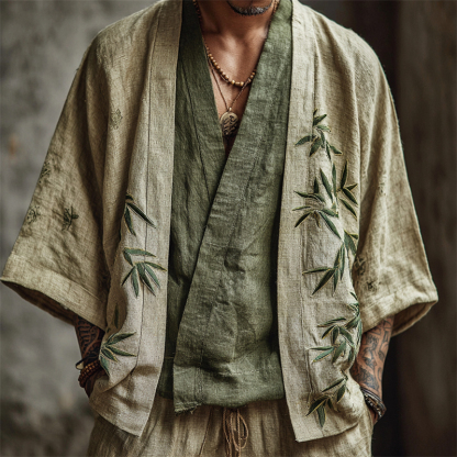 Men's Japanese Bamboo Embroidered Linen Kimono Cardigan - Green beige